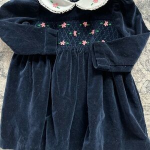 Vtg Infant Girls Dress Lace SmockNavy Pink Flowers Cotton 18 Months
